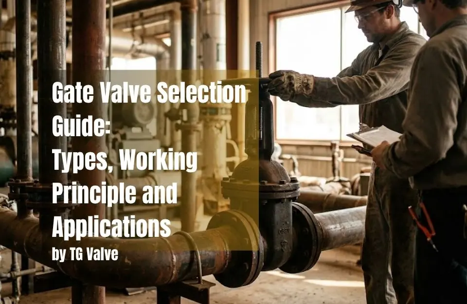 Industrial workers operating a gate valve in a facility, with text overlay for a guide on gate valve selection, types, working principle, and applications
