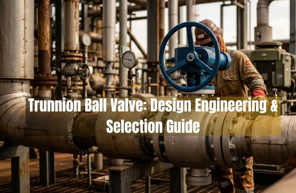 An industrial worker operating a blue handwheel on a heavy-duty trunnion ball valve integrated into a complex high-pressure pipeline network at an oil and gas facility